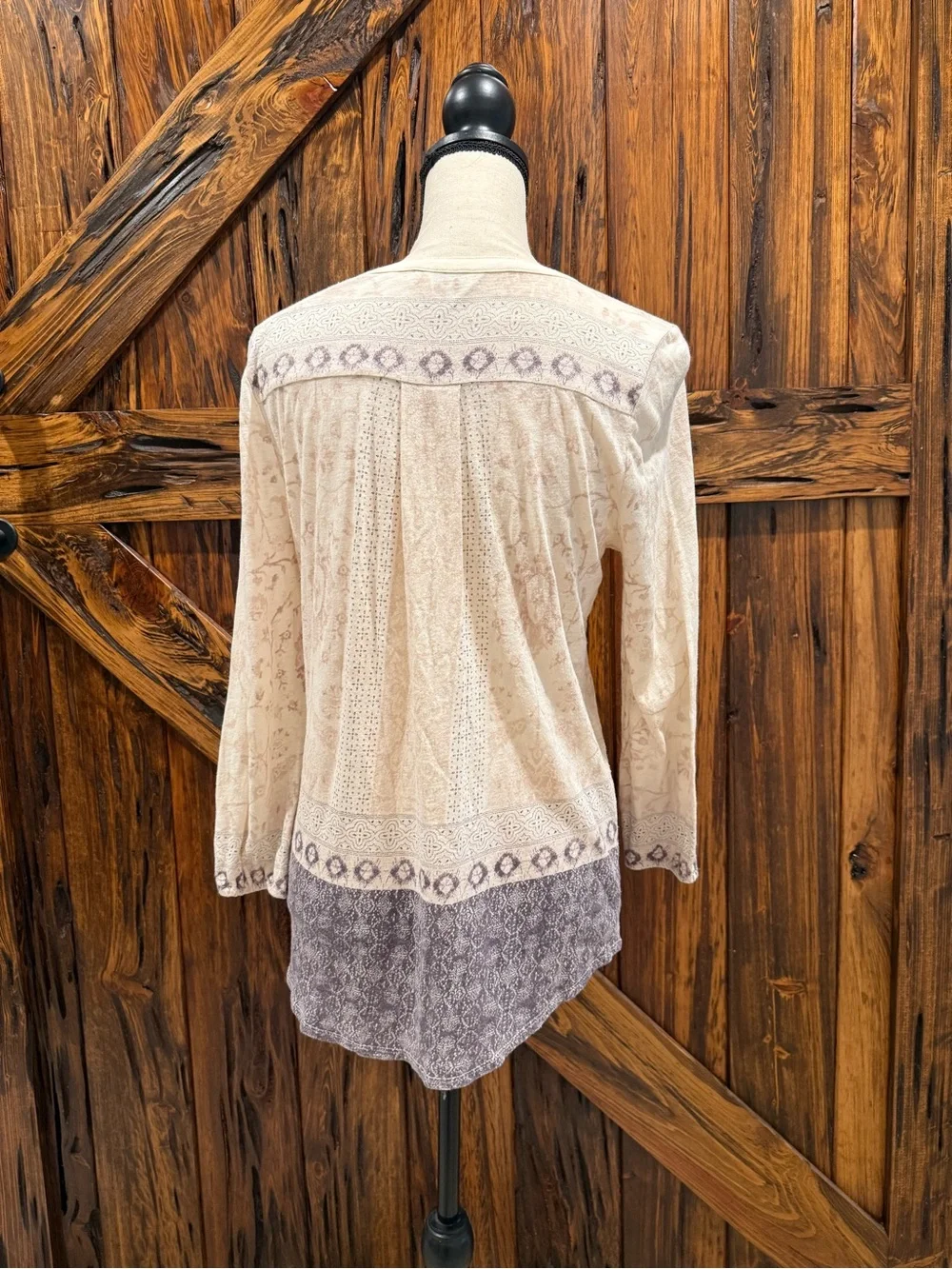 Lucky Brand Cream and Light Purple Long-Sleeve Henley Tunic